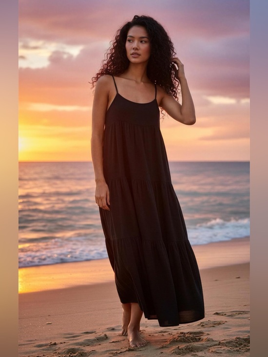 Women's Black Linen Tiered Maxi Dress - Classic Spaghetti Strap